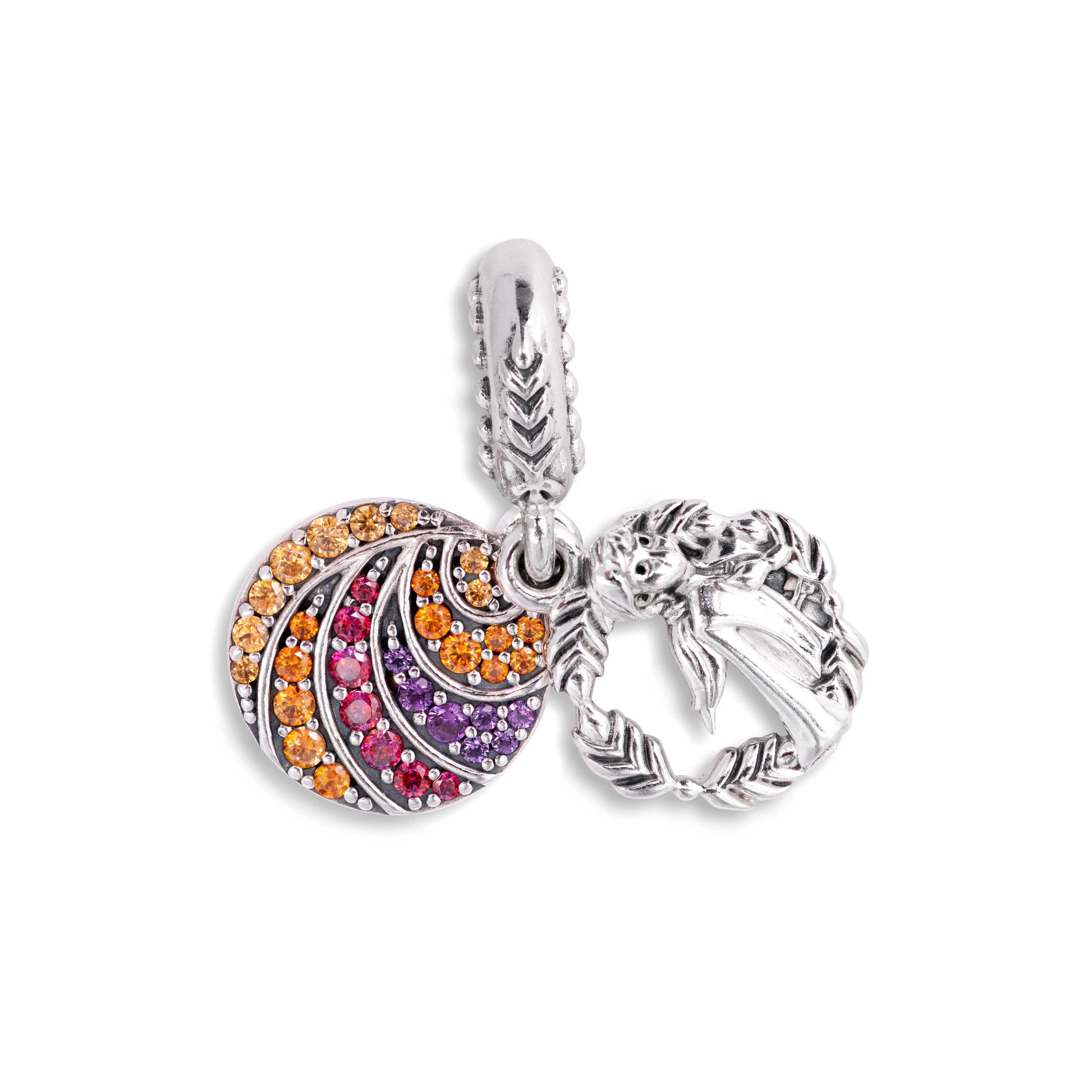PANDORA Disney Frozen Anna Dangle Charm with Cubic Zirconia, Inspirational Black Enamel Engraving, Gift for Frozen Lover, Gift Ideas, Female Charm, Mantra Fearless By Nature, Multicolor