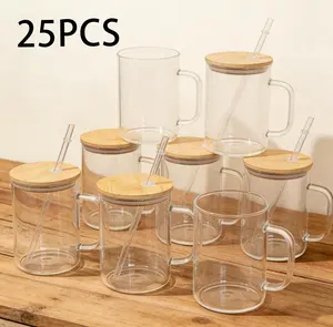 25pcs 15oz sublimation matte transparent glass cups with handles and wooden lids, suitable for both gifting and home use