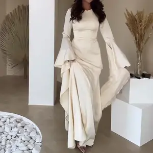 Women's solid color pleated dress, elegant long sleeved dress for parties, festivals, and wedding guests, spring and autumn women's clothing, women's formal round neck women's workwear