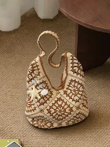1pc Ladies' handmade crocheted patchwork underarm shoulder bag, two-color hollow leisure shoulder bag, starfish shell pendant decoration summer storage bag, suitable for beach vacation and daily travel