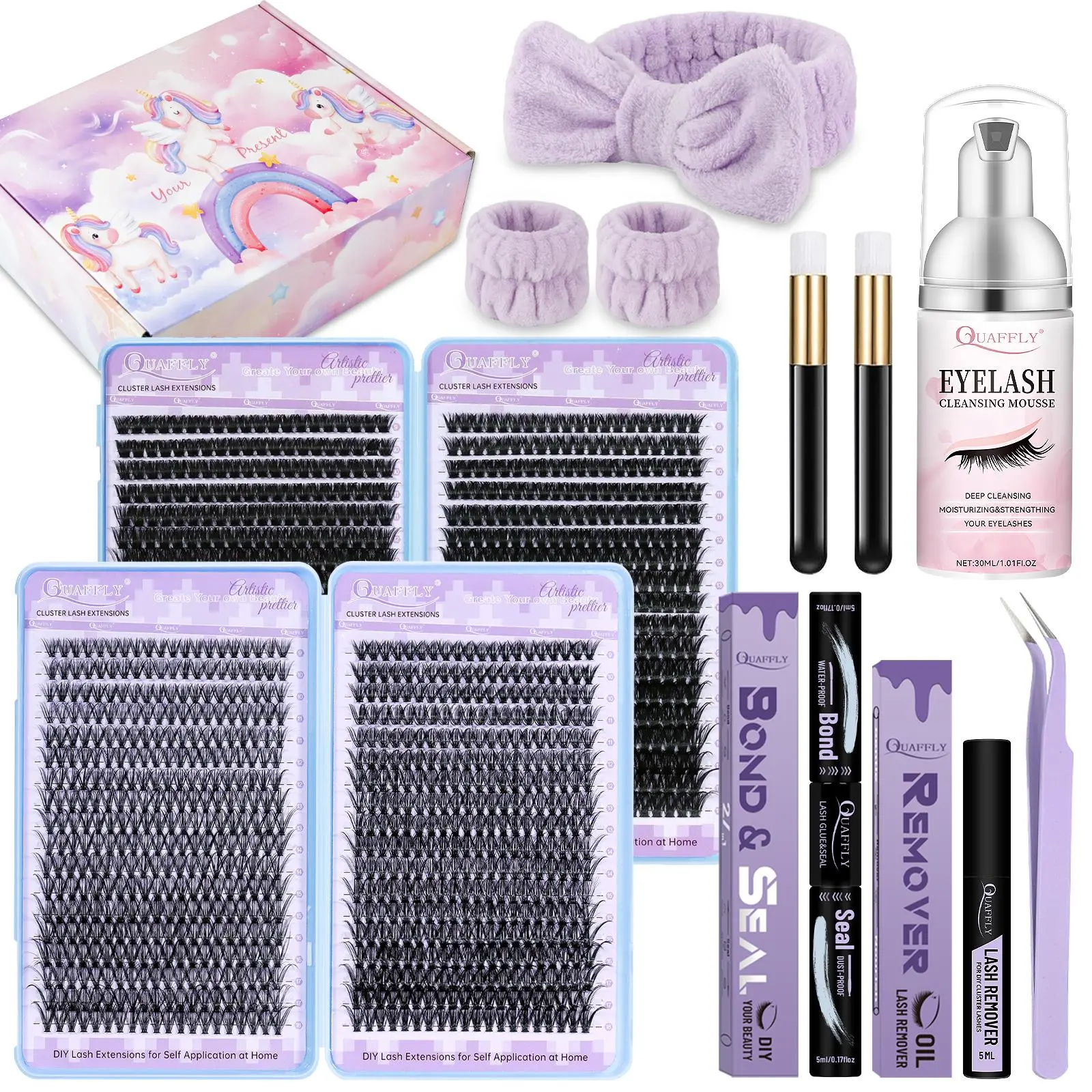 Eyelash Extension Kit, 1 Set Including Eyelashes & Glue & Eyelash Bond & Glue Remover & Cleaning Tools & Headband & Wrist Strap & Eyelash Brush, Eye Makeup Tool