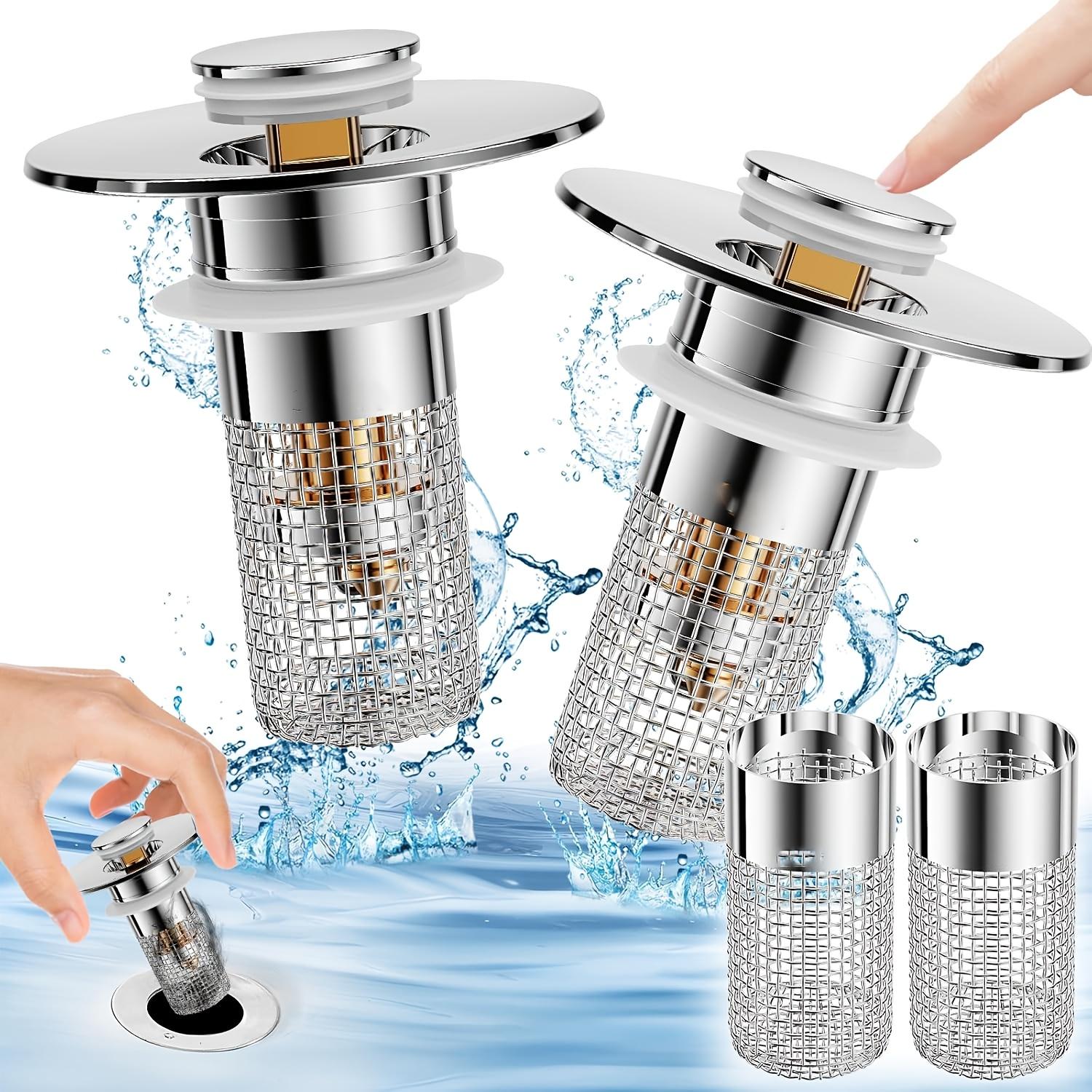 Two Sink Plugs for Bathrooms, a Pop-Up Drain Filter, a Sink Drain Filter Plug, And a Universal Drain Filter Plug with a Spring Core for Push Conversion. Size: 1.1 to 1.45 Inches, in Silver Color Two Sink Plugs for Bathrooms, a Pop-Up Drain Filter, a Sink Drain Filter Plug, And a Universal Drain Filter Plug with a Spring Core for Push Conversion. Size: 1.1 to 1.45 Inches, in Silver Color