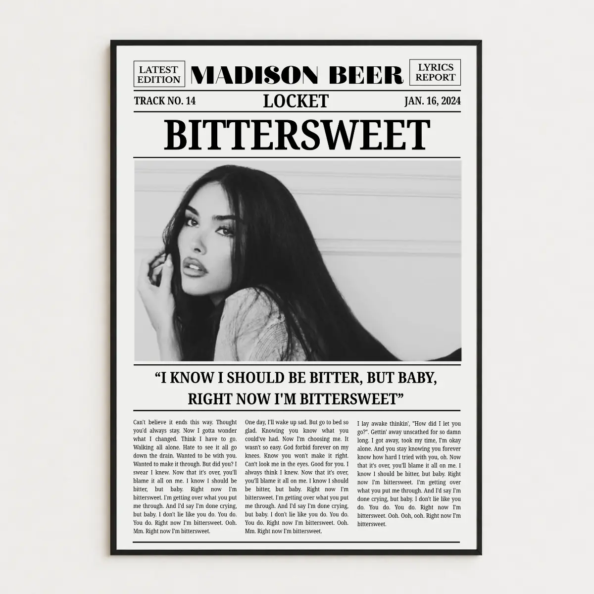 Retro Madison Beer Newspaper Print, Bittersweet Poster No Frame, Bittersweet Lyrics Print, Locket, Black And White Wall Art