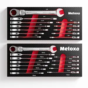 METOXA 180° Flex-Head Ratchet Combination Wrenches Set, Metric & SAE Kit with Organizer Rack, CR-V Steel Mechanic Tools, Father’s Day Gift for Dad