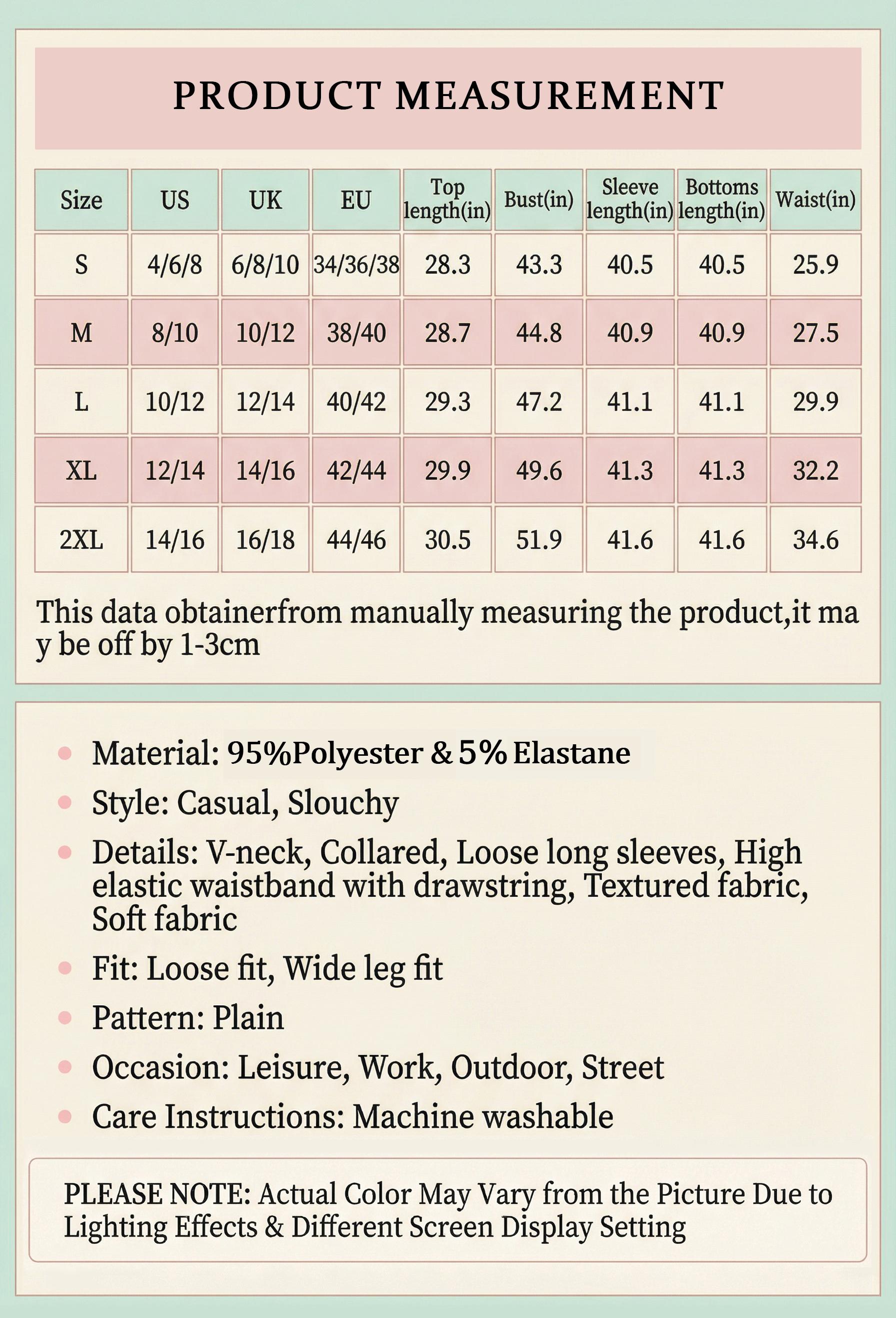 KatchMe Women's Slouchy Solid Color V-Neck Loose Textured Pullover & Drawstring Waist Trousers Co-ord Set & Separates, Minimalist Outfits, Soft Womenswear