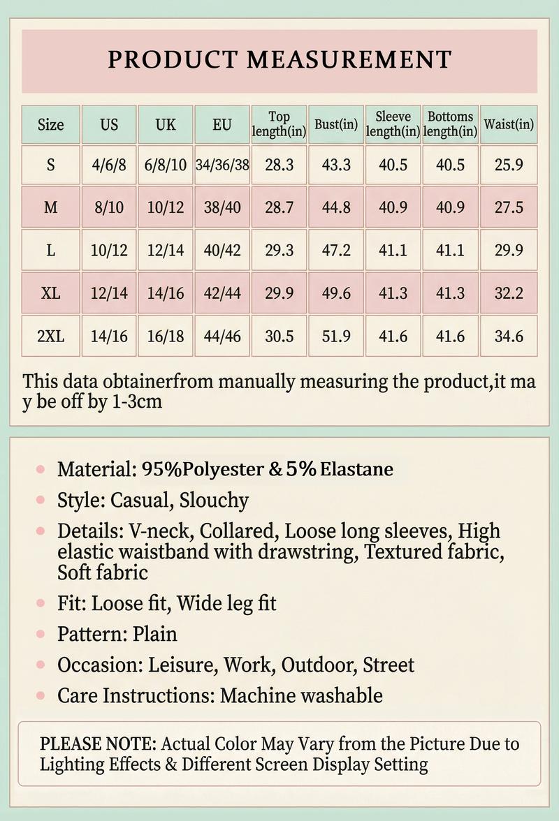 KatchMe Women's Slouchy Solid Color V-Neck Loose Textured Pullover & Drawstring Waist Trousers Co-ord, Minimalist Two Piece Outfits, Soft Womenswear