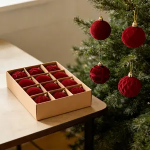 Flocked Christmas ball ornaments, set of 12, with gift box; Christmas tree decorations, burgundy velvet ball-shaped ornaments.