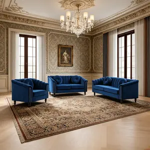 Chesterfield Sofa Set, Luxurious Velvet Chesterfield Settee Couch Set with Sofa Loveseat Chair,Upholstered Rolled Arm with Rivets/5 Button Tufted Pillow Modern Sofa Living Room Set(3PCS Set)