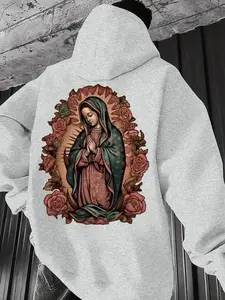 Men's  Virgin Mary Print Hoodie, Regular Fit Casual Fashion Long Sleeve Hooded Sweatshirt for Daily Holiday Outdoor Wear, Men Clothes for Fall & Winter