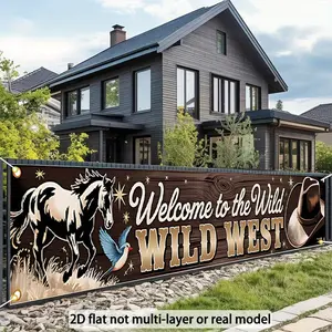 2D graphic design polyester yard decoration flag 1 piece decoration Welcome to the Wild West banner cowboy theme party decoration background cloth American country style farm event welcome hanging cloth photo background wall