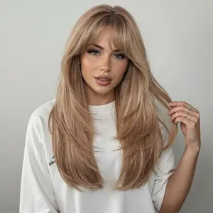 24 Inch Long Layered Ash Blonde Wig with Curtain Bangs – Machine Made Synthetic Hair