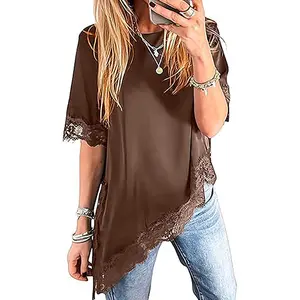 Chvity  Asymmetrical Tops for Women Lace Patchwork Satin Top Crewneck Oversized Tee Shirts Side Slit Short Sleeve Lightweight Versatile Perfect for Summer Outfits ,Womenswear