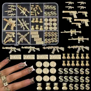 62PCS 3D Nail Charms for Alloy Nails,Set Nail Art Decoration with Gold Dollar, Gun, and Coin,Nail Stones and Jewels Accessories for Nail Supplies Manicure Craft DIY(Gold)