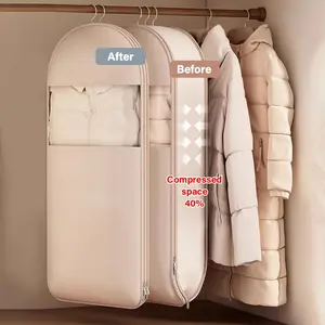 3 sizes of beige compression hanging bags (35.43/43.31/51.18 inches) - Vacuum sealed design that saves 40% space, Dustproof cover, suitable for down jackets, Visible luxury storage with durable zippers, it is a must-have gift for Thanksgiving, Christma