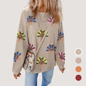 Women's Sequin Turkey Graphic Corded Drop Shoulder Thanksgiving Day Baggy Sweatshirt, Glitter Christmas Fashion Pattern Festive Pullover