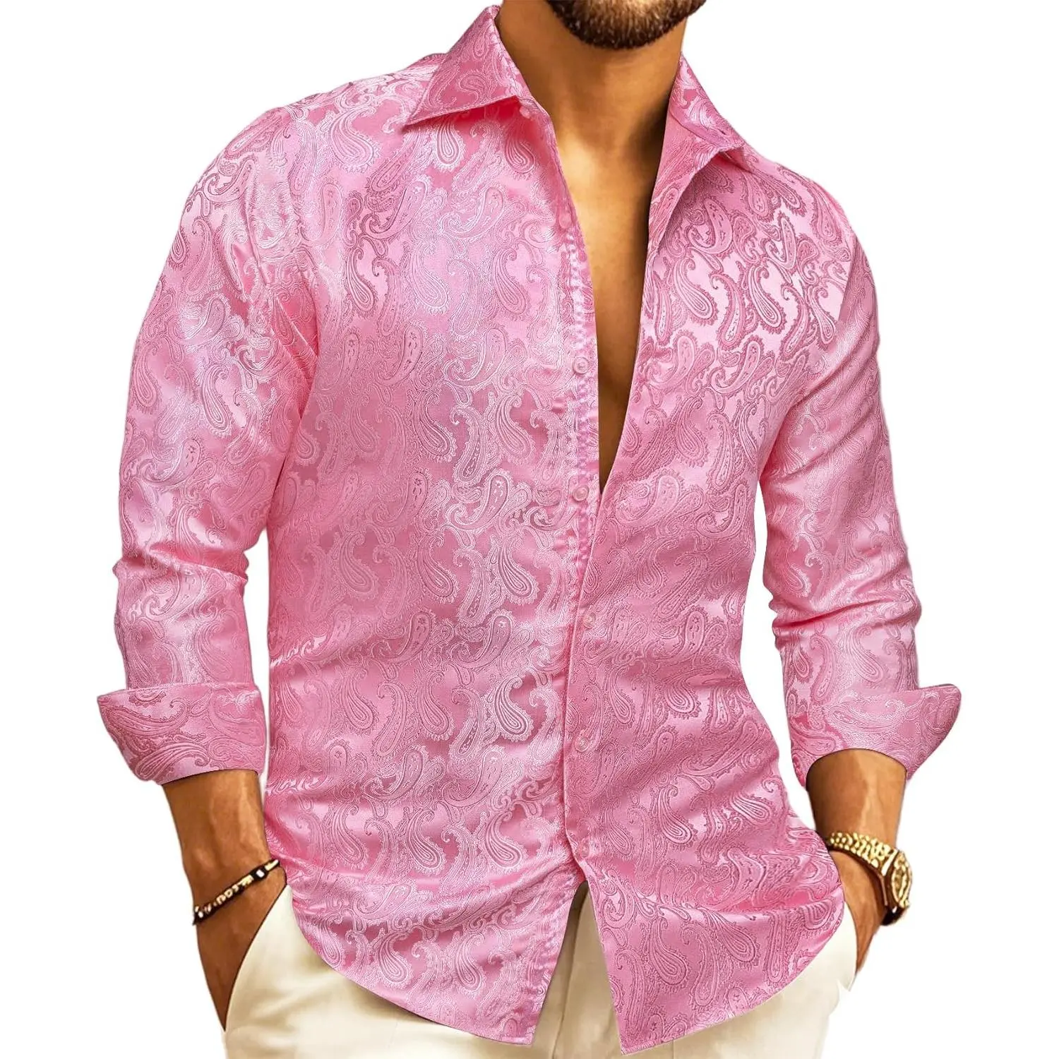 Barry.Wang Mens Western Long Sleeve Button-Down Shirt - Paisley Mexico Cowboy Style, Casual Designer Dress Top for Party Country Occasions, Menswear with Khaki & Disco-Inspired Accents, Suit-Ready, Tops, Christmas