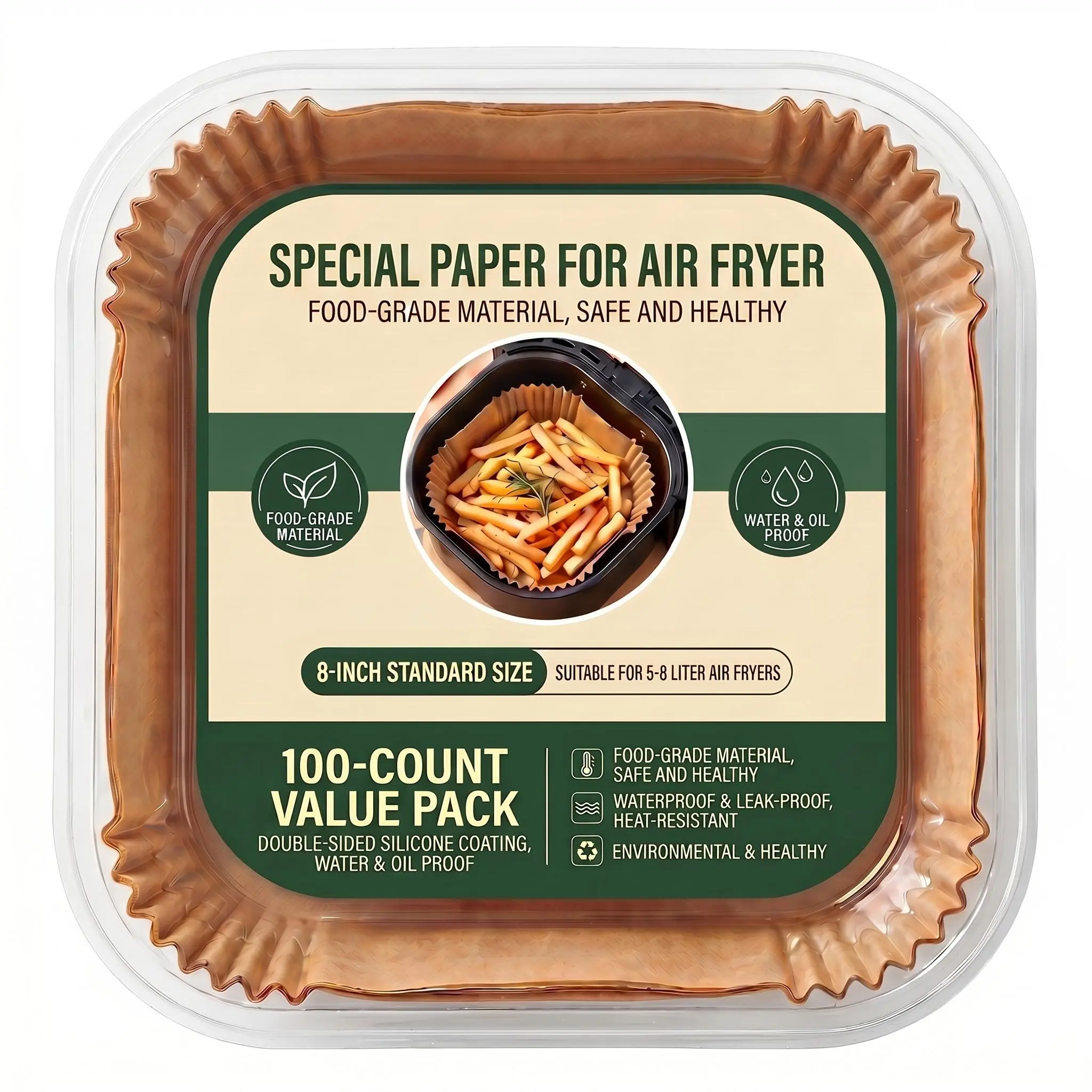 Air fryer with paper liner, 100 - 500 pieces in a pack, disposable material specifically for air fryers that don't require washing, suitable for microwave ovens, non-stick air fryer liner, square shape, free of bleach (8 inches) Bakeware Utensils