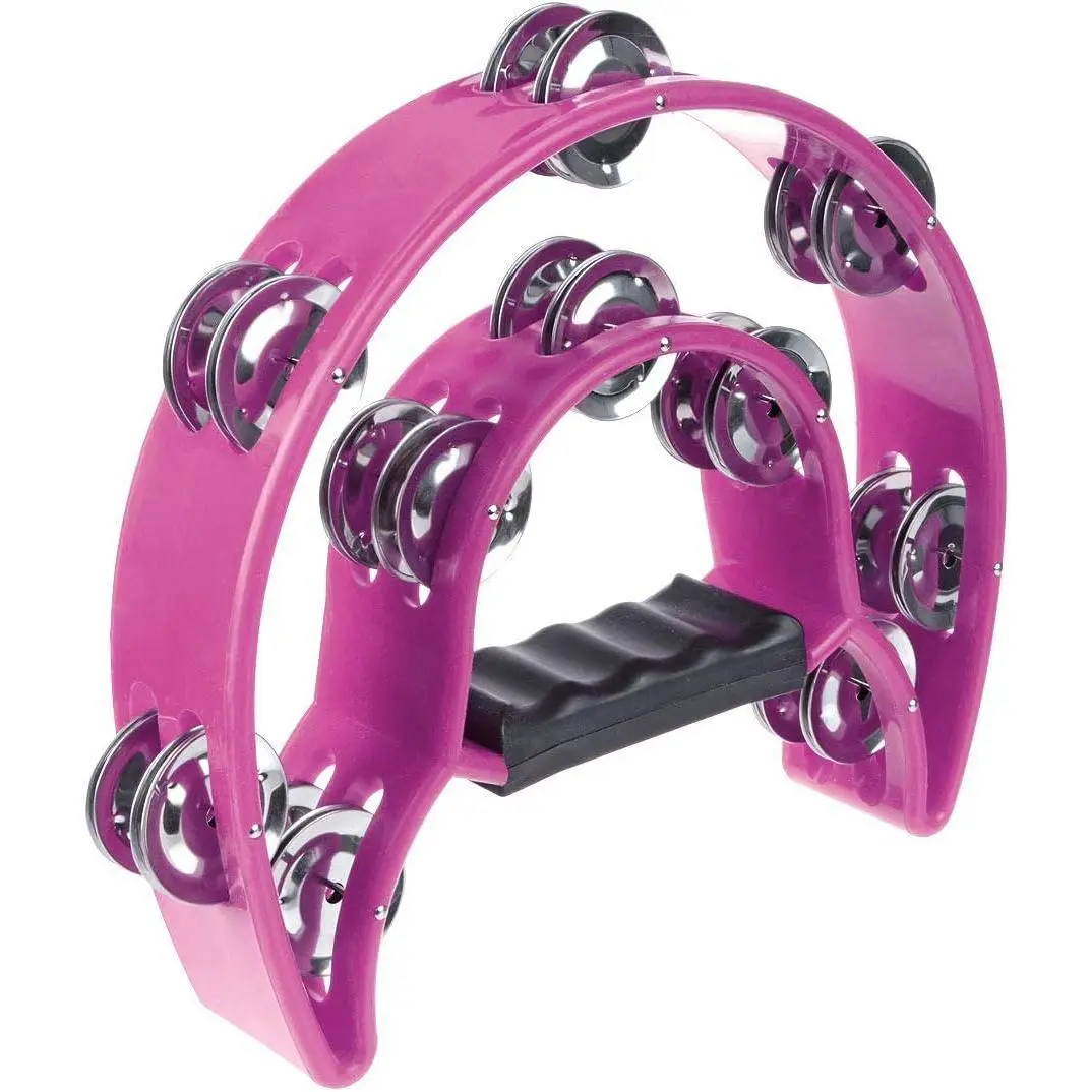 Half Moon Musical Tambourine Double Row Metal Jingles Hand Held Percussion Drum Multicolor (Pink) for KTV Party with Ergonomic Handle Grip