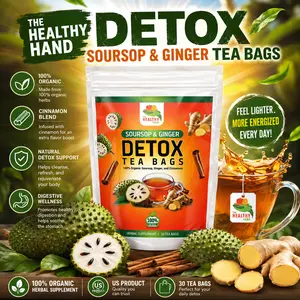 The Healthy Hand Soursop & Ginger Detox Tea Bags - 100% Organic Herbal Supplement with Cinnamon - 30 Tea Bags - US Product