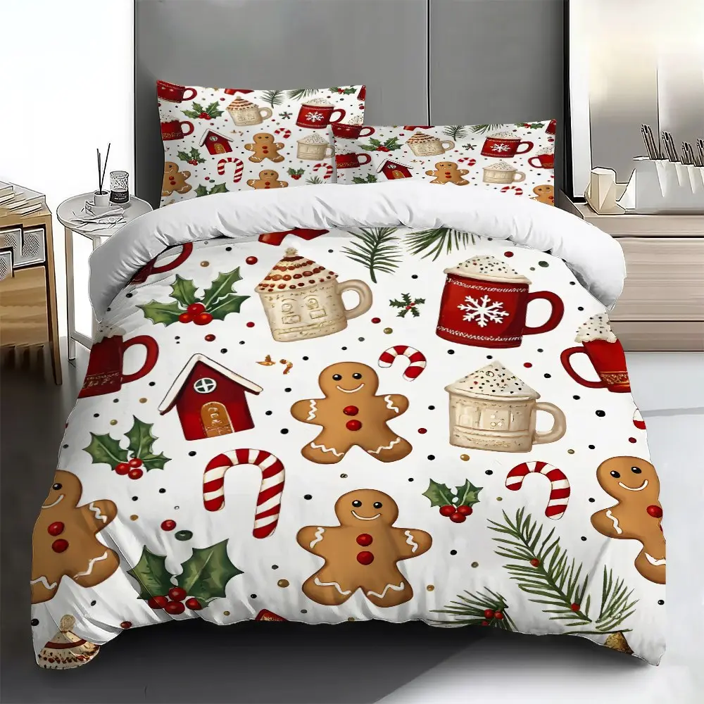 Three-piece bedding set  2pcs/3pcs 2D Flat gingerbread man pattern duvet cover set (1 duvet cover + 1/2 pillowcases, no insert), multi-color printed bedding set, soft and comfortable, suitable for family bedrooms and guest rooms, suitable for all seasons.