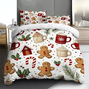 Three-piece bedding set  2pcs/3pcs 2D Flat gingerbread man pattern duvet cover set (1 duvet cover + 1/2 pillowcases, no insert), multi-color printed bedding set, soft and comfortable, suitable for family bedrooms and guest rooms, suitable for all seasons.