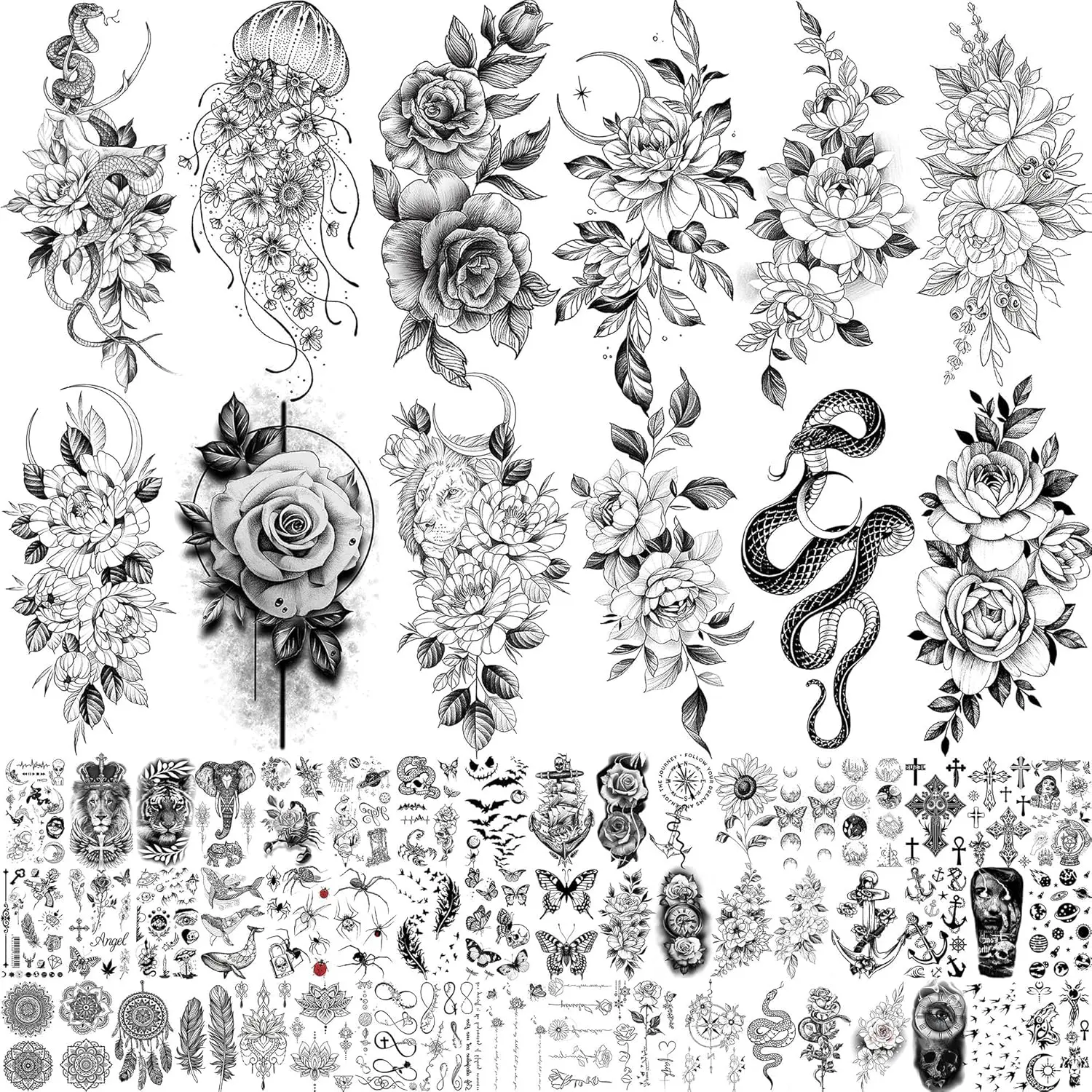 64 Sheets Long Lasting Flower Temporary Fake Tattoos For Women Arm Neck, Jellyfish Sunflower Moon Rose For Adults Girl, 3D Temp Realistic Snake Floral