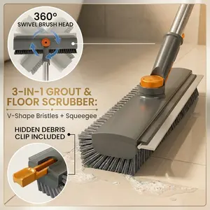 3-in-1 Telescopic Floor Brush & Squeegee: Effortless Grout & Tile Cleaning for Bathroom, Garage, and Decks - No More Bending Over!