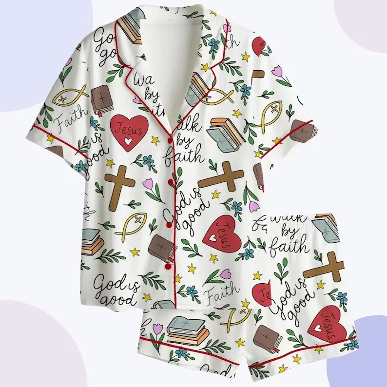 Christian Pajamas Set – Jesus Faith Sleepwear – Sunday School Gift, Religious Loungewear for Women #PersonalizedPjs #BambooPajamas #MatchingSets #VintageVibe #PajamaCore