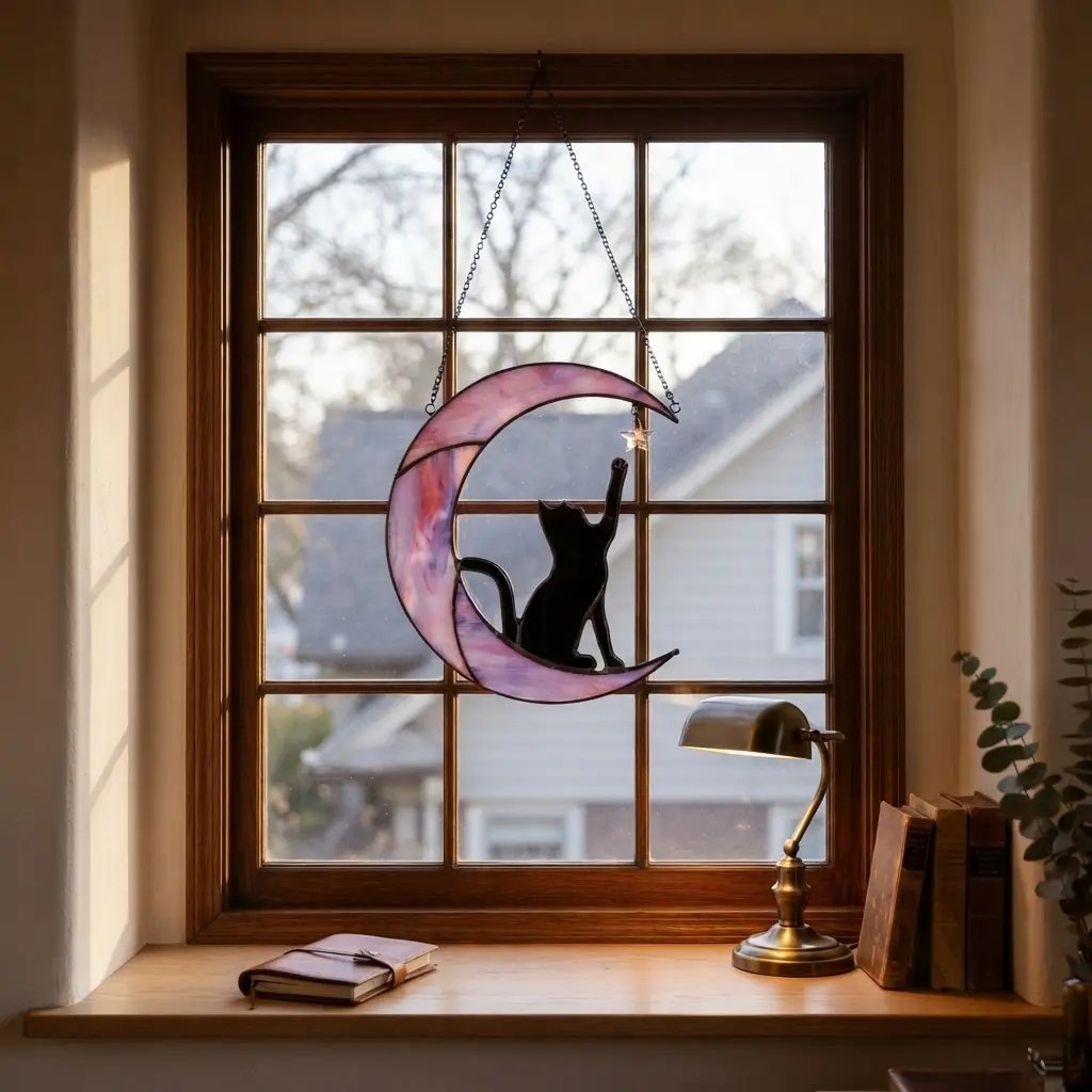 Stained Glass Black Cat on Crescent Moon Window Hanging,Magical Sun Catcher with Star Charm,Aesthetic Purple & Pink Stained Glass Art for Home, Room, Porch, & Window Decor,Unique Gift for Cat Lovers,Pet Memorial Gift,Celestial Moon Decor Lavender Traditio