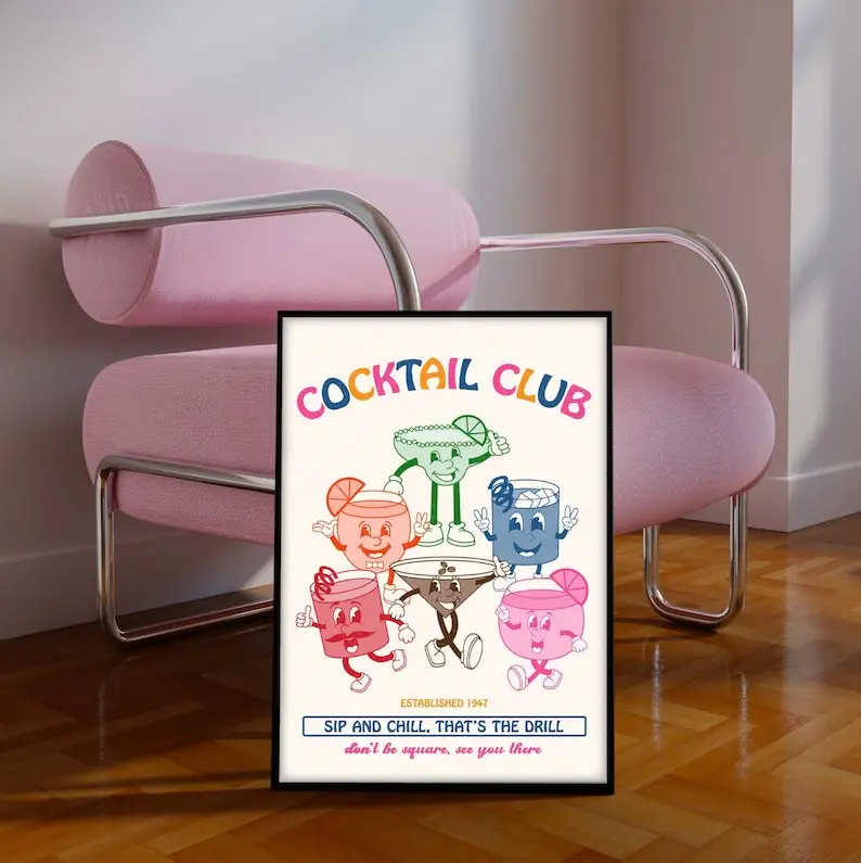 Retro Character Cocktail Prints, Retro Cocktails Print, Retro Cocktail Club Poster, Cartoon Cocktail Prints, Retro Cartoon Cocktails
