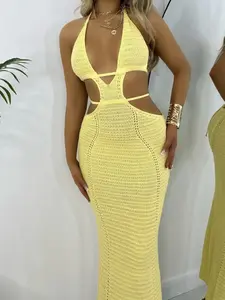 Women's Solid Cut Out Backless Halter Neckline Cover Up Dress, Casual Tie Back Sleeveless Medium Stretch Fabric Cover Up Dress for Beach Holiday Vacation, Ladies Swimwear for All Seasons