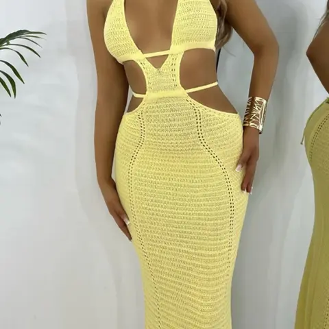 Women's Solid Cut Out Backless Halter Cover Up Dress, Casual Tie Back Sleeveless Cover Up Dress for Beach Holiday Vacation Beach Cover Ups, Ladies Swimwear for All Seasons Beach Coverup