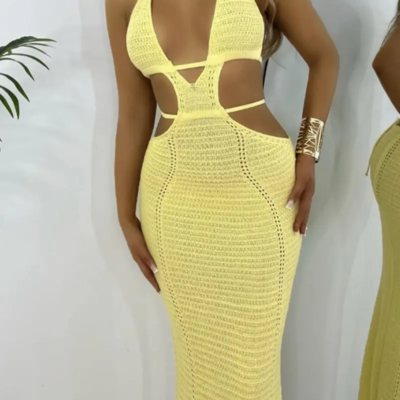 Women's Solid Cut Out Backless Halter Cover Up Dress, Casual Tie Back Sleeveless Cover Up Dress for Beach Holiday Vacation Beach Cover Ups, Ladies Swimwear for All Seasons Beach Coverup