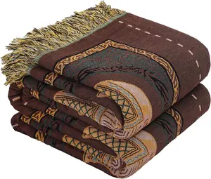 Boho Throw Blanket for Bed with Tassels,100% Cotton Ultra Soft and Cozy Large Blanket Elephant Printed Farmhouse Decor Bed Blankets, All Season Rustic Throw for Sofa Couch Chair-Brown