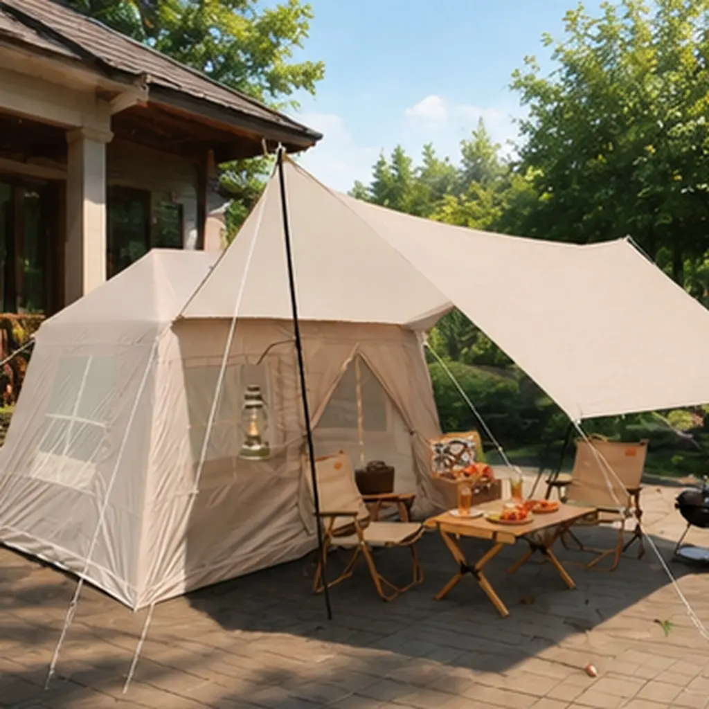 Inflatable Camping Tent 4 Season Windproof Glamping Tent with Mesh Windows & Pump Beige Oxford Fabric 9.8x9.5ft Canopy Detachable Top Waterproof PU5000mm Outdoor Family Tent for Camping Hiking Backyard, Beige Color Options, oxford fabric Materia
