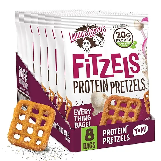 Lenny & Larry's Everything Bagel FITZELS- Savory Pretzel Snacks Incredibly Tasty, High Protein Salty, Vegan, 20 g's of Plant Based Protein 8 (eight) Bags, 3 oz Each