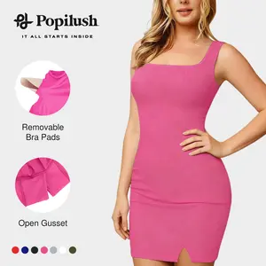 Popilush 8-in-1 Shapewear Square Neck Mini Dress Wide Straps Built-In Bra Thigh Slit Tummy Control Going Out Breathable Body Shaper Womenswear