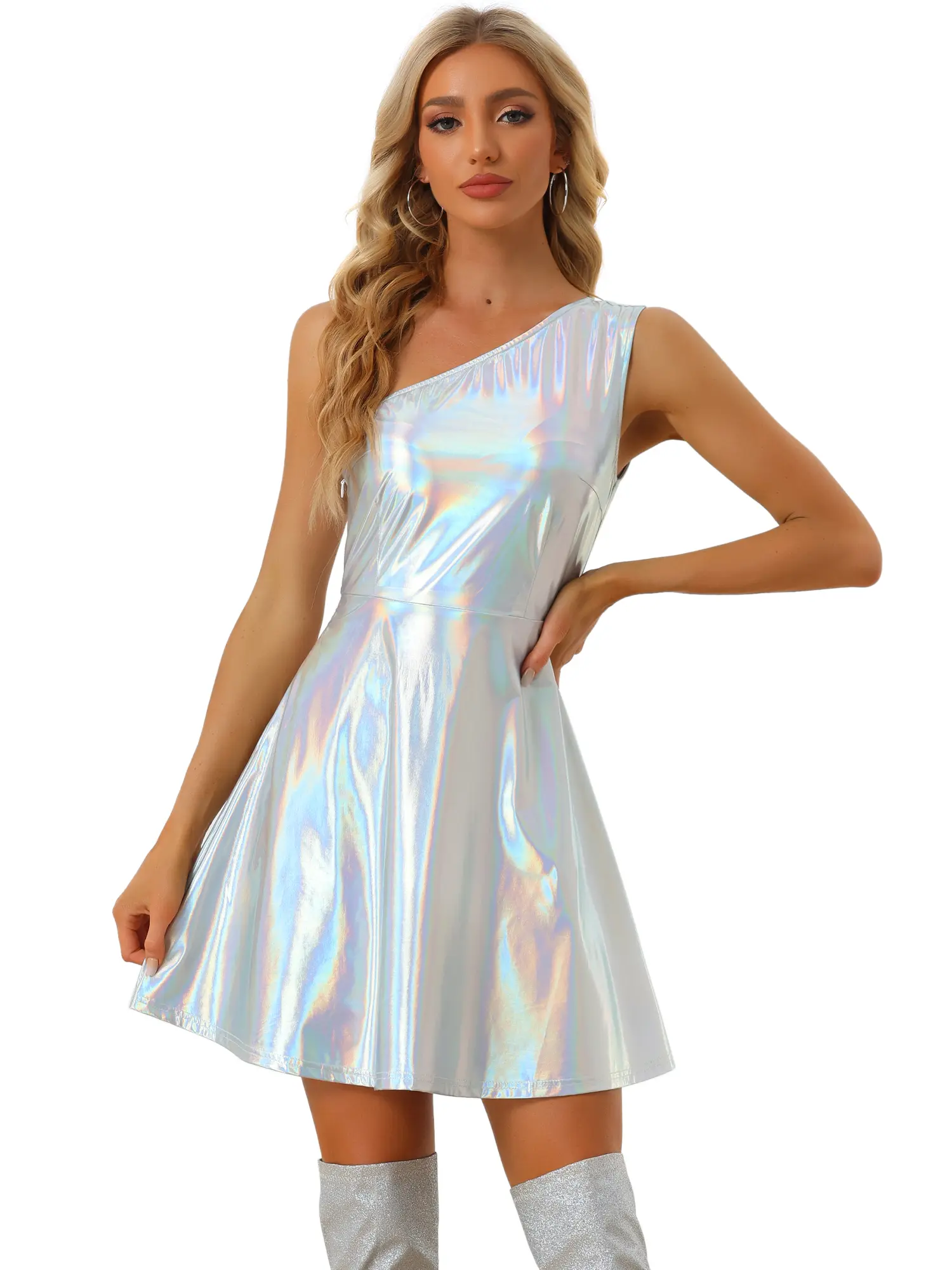 INSPIRE CHIC Women's  Metallic Dress One Shoulder Sleeveless Shiny Sparkle Holographic Dress