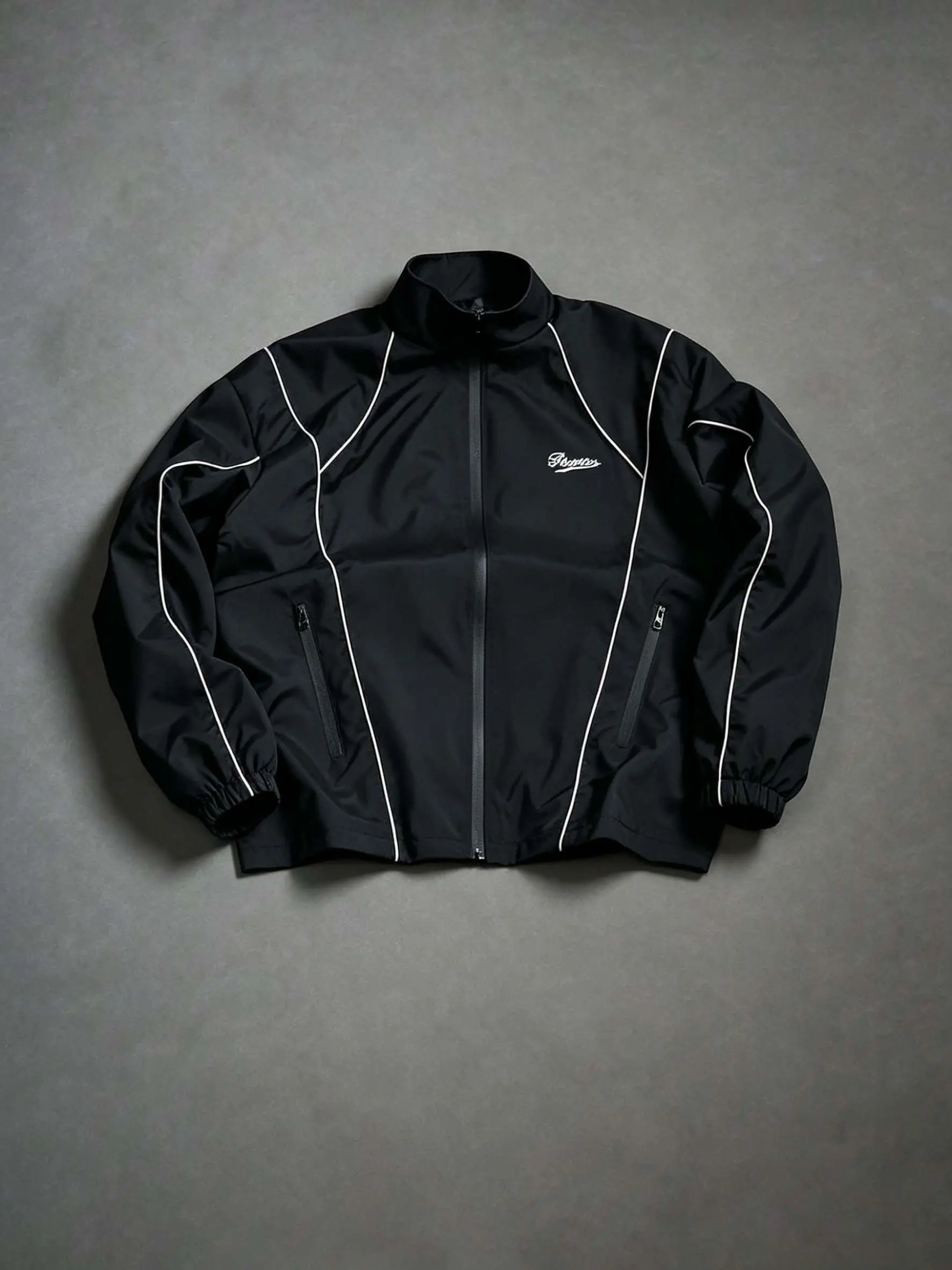 Unisex stand collar white stripe “power” handwritten script waterproof windbreaker – all over white contrast topstitching, symmetrical waterproof side zip pockets, elastic cuffs, full zip closure, smooth woven fabric, American retro sporty lightweight jac