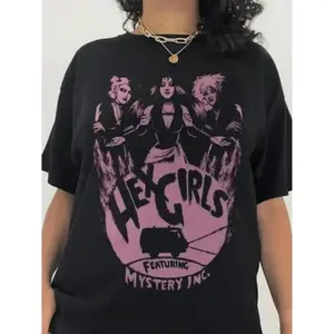 Vintage Hex Girl Rock Band Graphic T-Shirt, Soft Black Cotton Top with Round Neck, Pink Flame & Monster Design, Streetwear Clothes for Casual Wear & Concerts