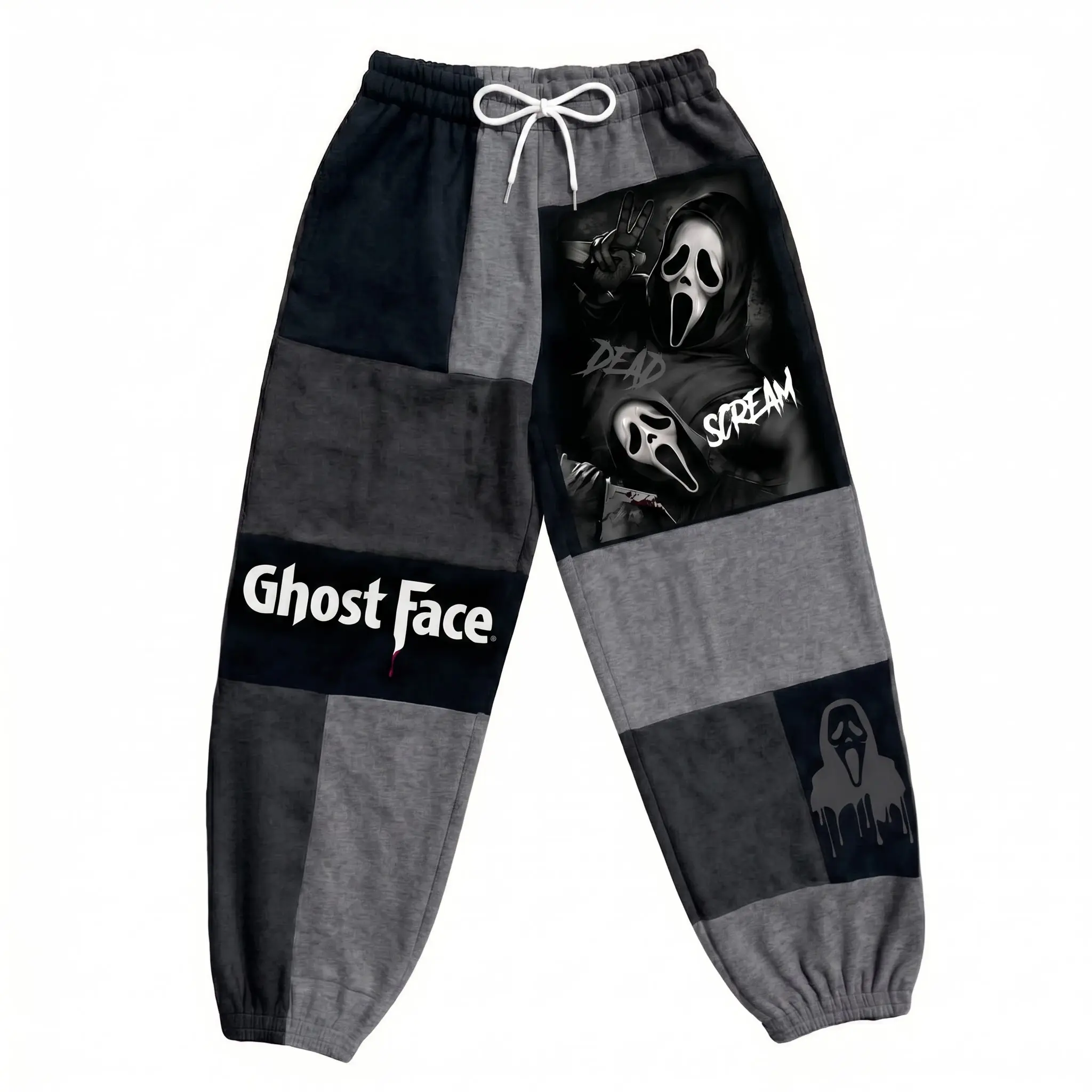 Ghostface Scary Face Halloween Sweatpants, Horror Patchwork Jogger Pants, Spooky Movie Night Streetwear Pants, Fall Winter Pants, For Men & Women, Gift For Horror Fans