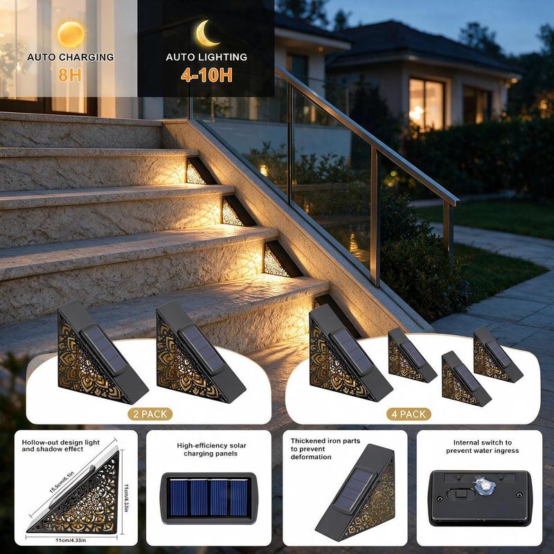Outdoor Iron Solar Step Lamps - IP65 Waterproof Garden Lights, Auto-Charging Solar LEDs, Ambient Glow Home Decor - Suitable for Stairways, Patios - 2/4/8/12-Pack Outdoor Lights Options