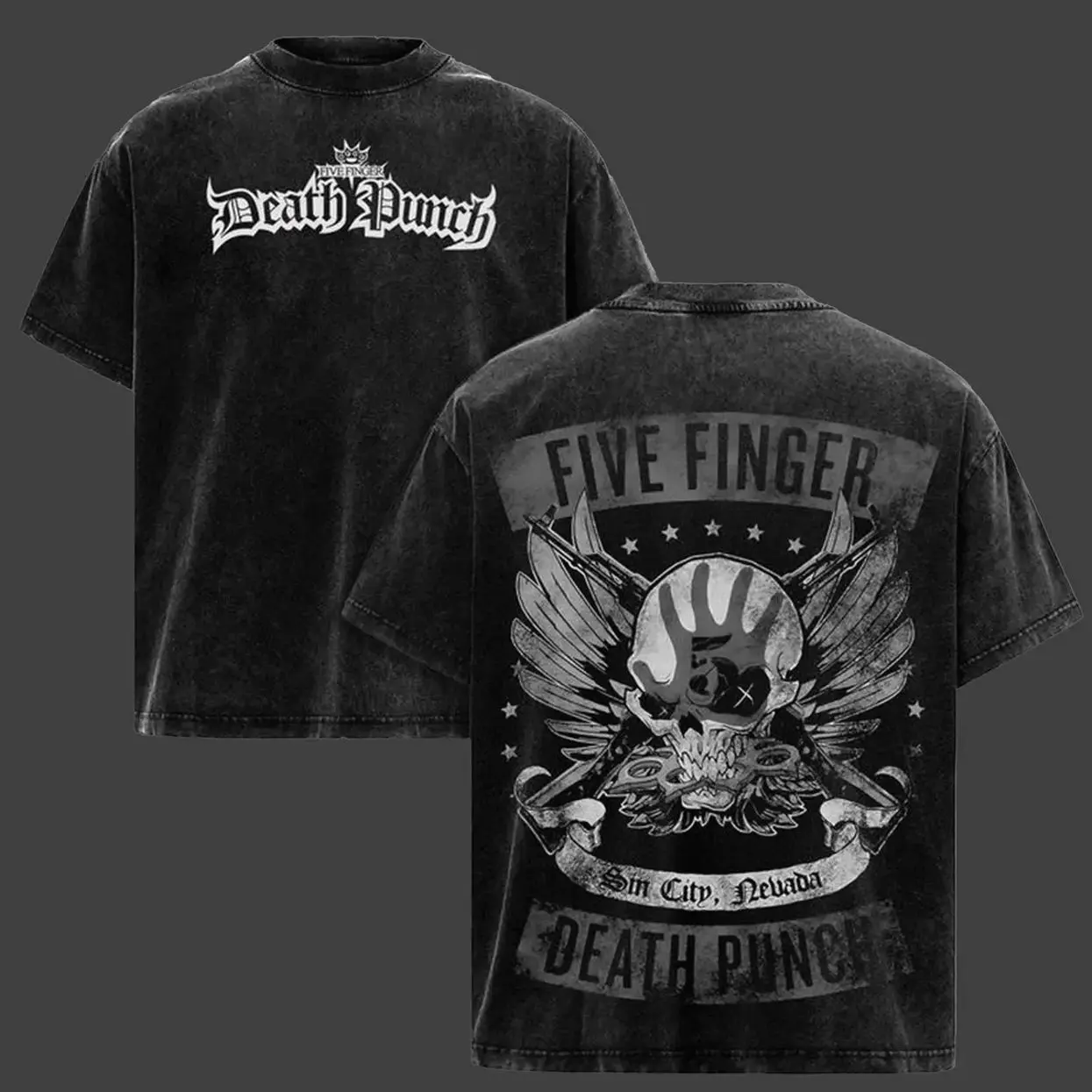 Unisex 5 Finger Death Punch Rock Band Tee Acid Washed Heavy Cotton Oversized T-shirt, Casual Graphic Top, Retro Y2K Dark Streetwear, US Tour Concert Merch Gift for Fans