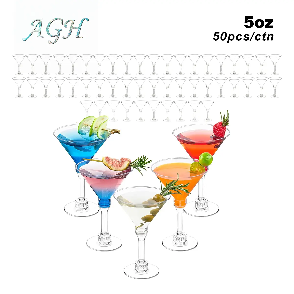 AGH US 50pcs 5 OZ Plastic Clear Cocktail Disposable Toasting Glasses for Champagne, Cocktail, Wine, Tequila, Perfect for Wedding, Engagement, Party & Mimosa Bar