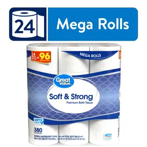 Great Value Soft & Strong Premium Toilet Paper, 24 Mega Rolls, 380 Sheets per Roll Tissue Wipes