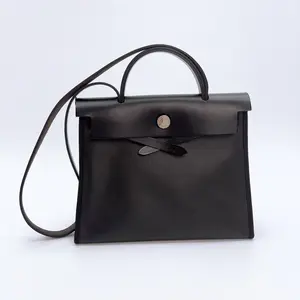 Pre-owned HERMÈS leather Tote Bags Hermes Toile H Berline Vache Hunter Herbag Zip PM 31 Black Ecru