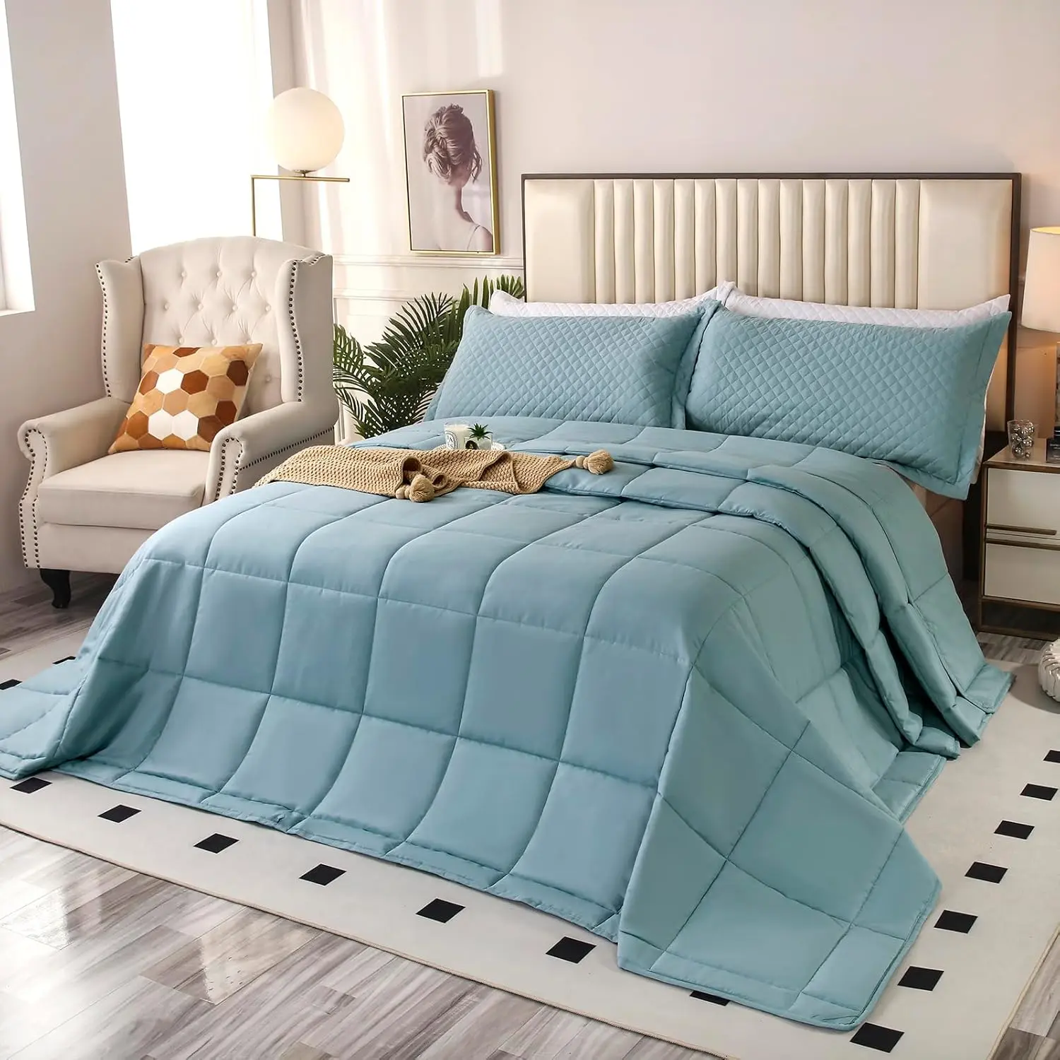 3-Pack Large Size 128x120 Down Alternative Comforter, Brushed Fiber Winter Cozy Warm Lightweight Reversible Breathable Quilt, Box Stitching Design, 8 Corner Tabs, Durable Machine Washable Do Not Iron Bedding - Ice Blue