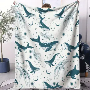 Starfish Whale Flannel Blanket, Nordic Style Healing Cover, Ocean Life Print Warm Nap Blanket, Cozy Bedding Essentials