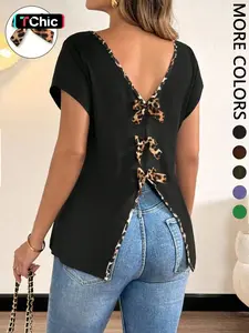 Women's Double V-Neck Short Sleeve T-Shirt, Leopard Contrast Binding, Back Slit with Bow Accents, High Stretch Knit Fabric, Daily Casual Commute Date Weekend Outing Wear, Breathable Skin-Friendly, Elegant Casual Chic Style