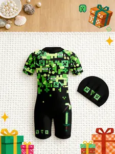 Minecraft Boys' Cute Tight-Fitting Swimsuit Set, 3D Block Print Swimwear + Cap 2-Piece, Birthday Gift, All Seasons